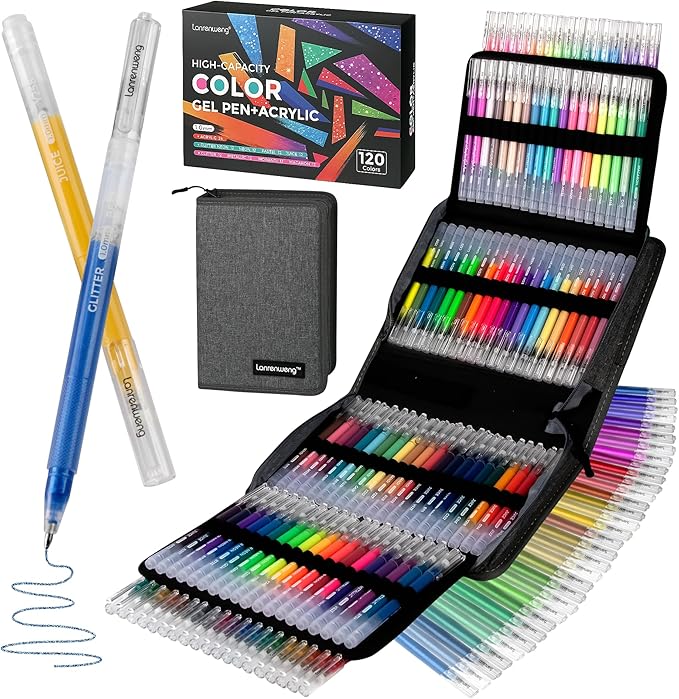 120 Color Gel Pens for Adult Coloring Books, 1.0mm Bullet Tip Acrylic Gel Pens by LANRENWENG
