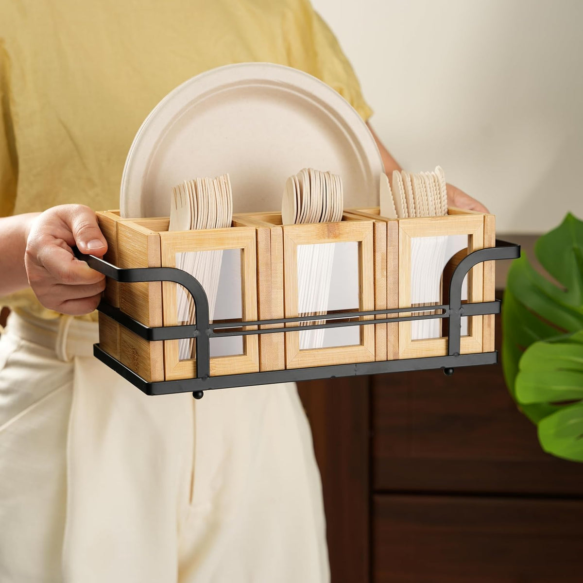 Bamboo Silverware Caddy with Paper Plate Holder, Utensil Organizer for Forks,...