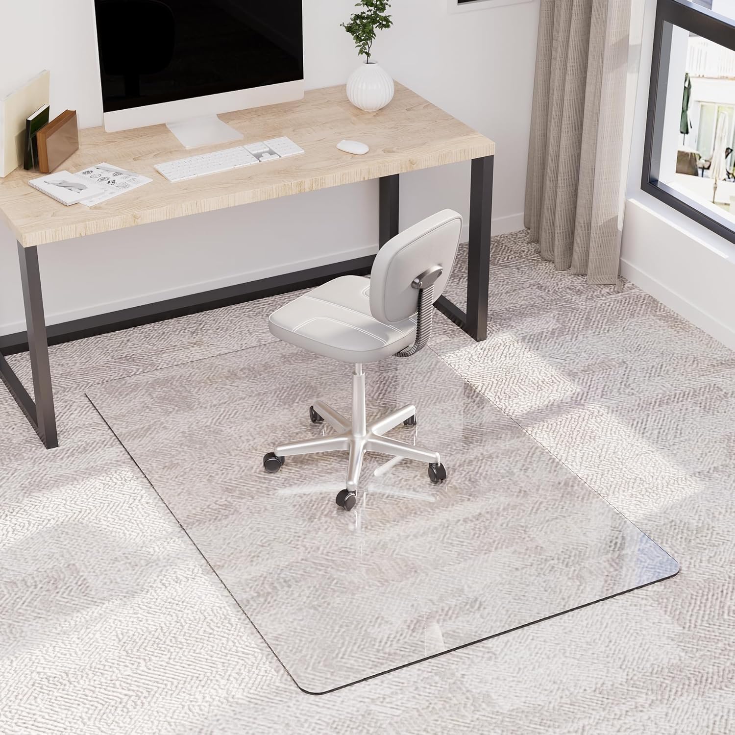30" x 48" Tempered Glass Office Chair Mat for Carpet & Hardwood Floor, 1/5" Thick Clear Floor Protector Desk Chair Mat with Rounded and Polished Edges