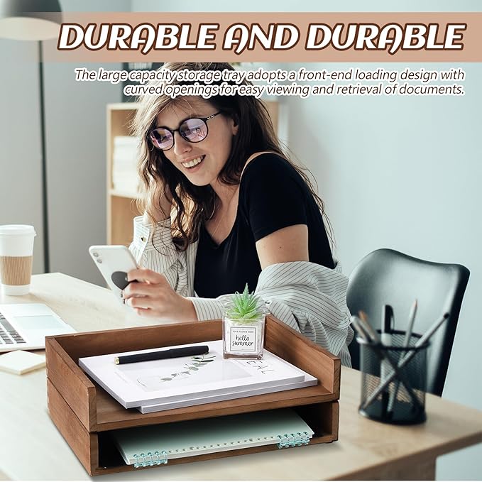 Yeaqee 4 Pcs Stackable Paper Organizer Tray Wood Desk Organizer Letter Tray - Image 6