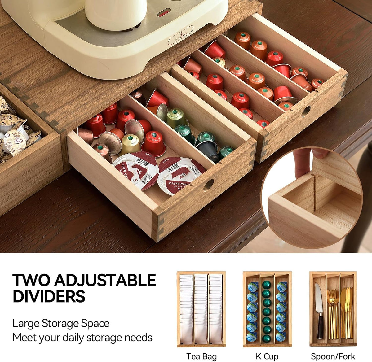 KIRIGEN Wooden Coffee Station Organizer with Drawers, K Cup Holder, Brown