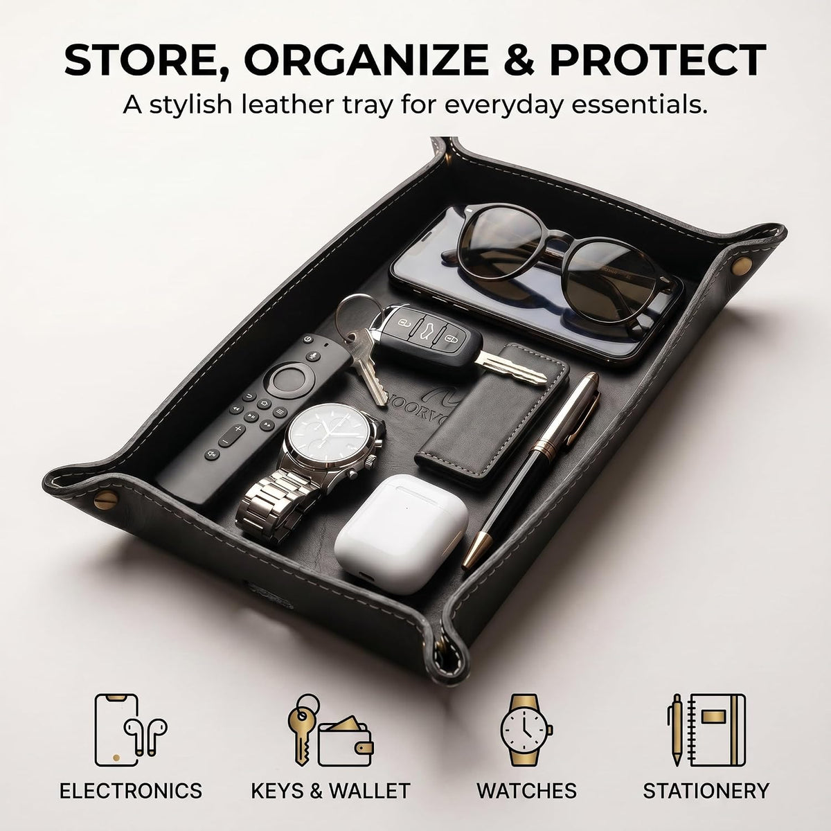 Leather Valet Tray for Men – Double Layer Genuine Leather EDC Catchall Tray O...