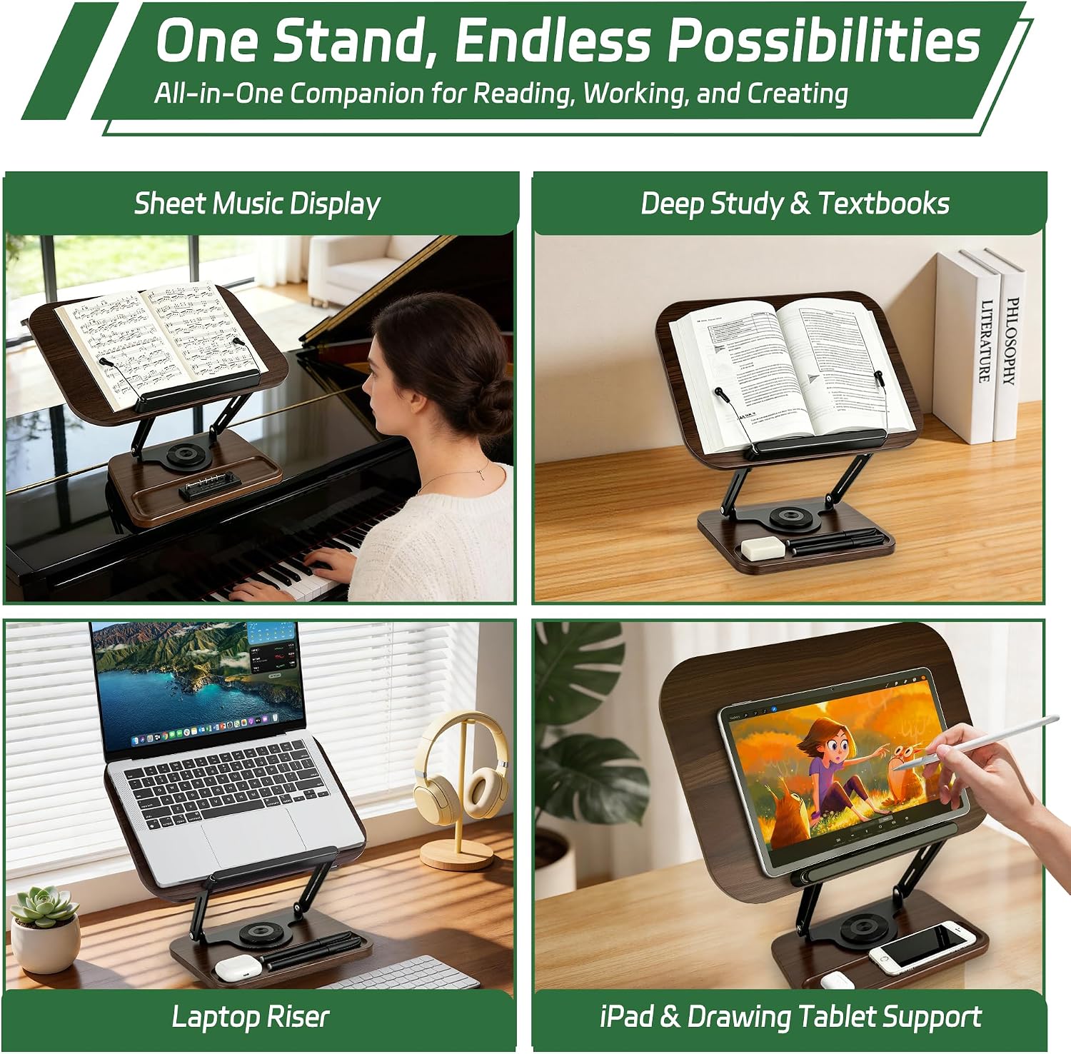 Book Stand for Reading, 360° Rotating Book Holder for Desk, Heavy Duty Bible Stand with Page Clips, Adjustable Height for Thick Textbooks, Cookbooks, Music Book