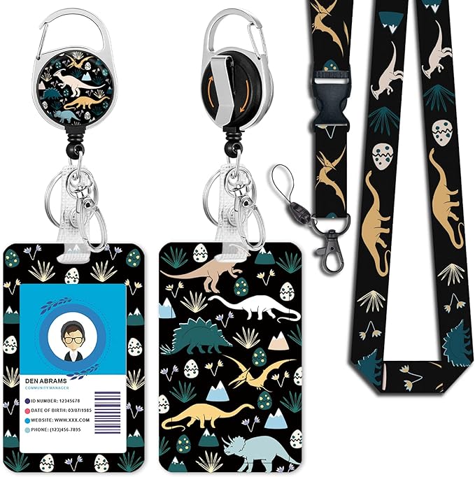 Cute Dinosaur Lanyards for Id Badges, Retractable ID Badge Holder by Giancomics