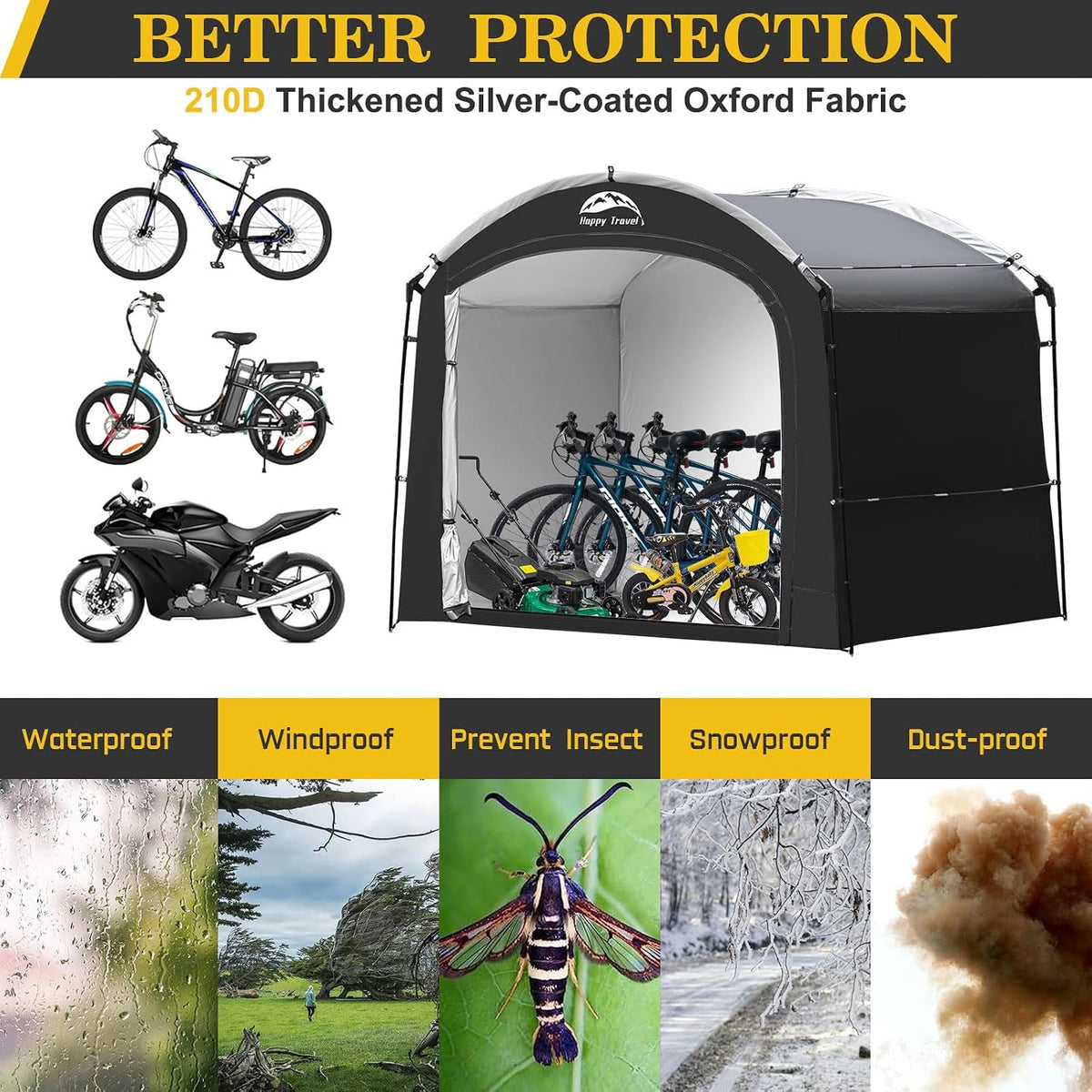 happy travel bike storage shed tent, waterproof portable, side view
