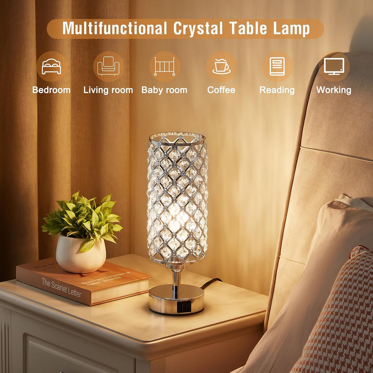 Sliver Crystal Table Lamp with Touch Control, Bedroom Light for Nightstand