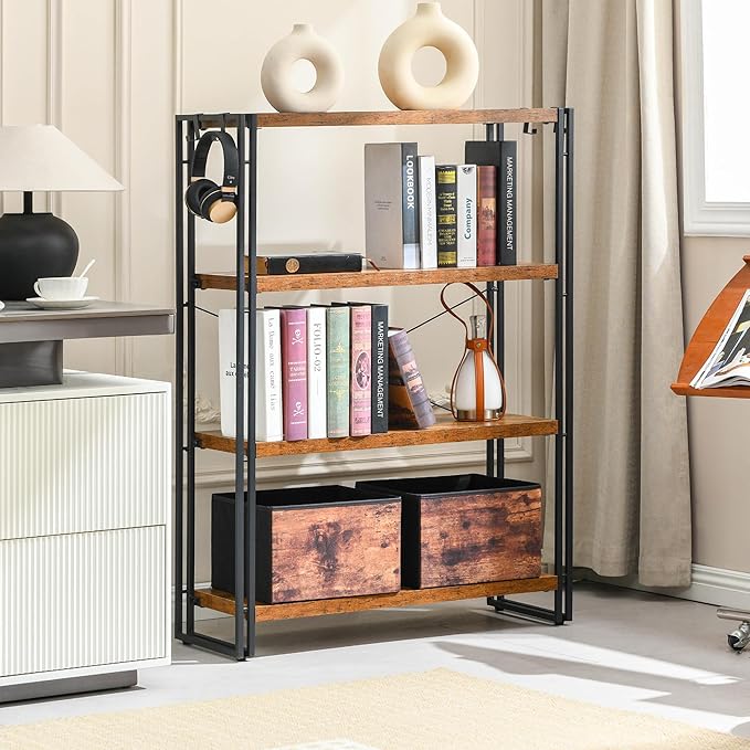HCHQHS Bookshelf, 4-Tier Industrial Bookcase, Rustic Open Book Shelf, - Image 2