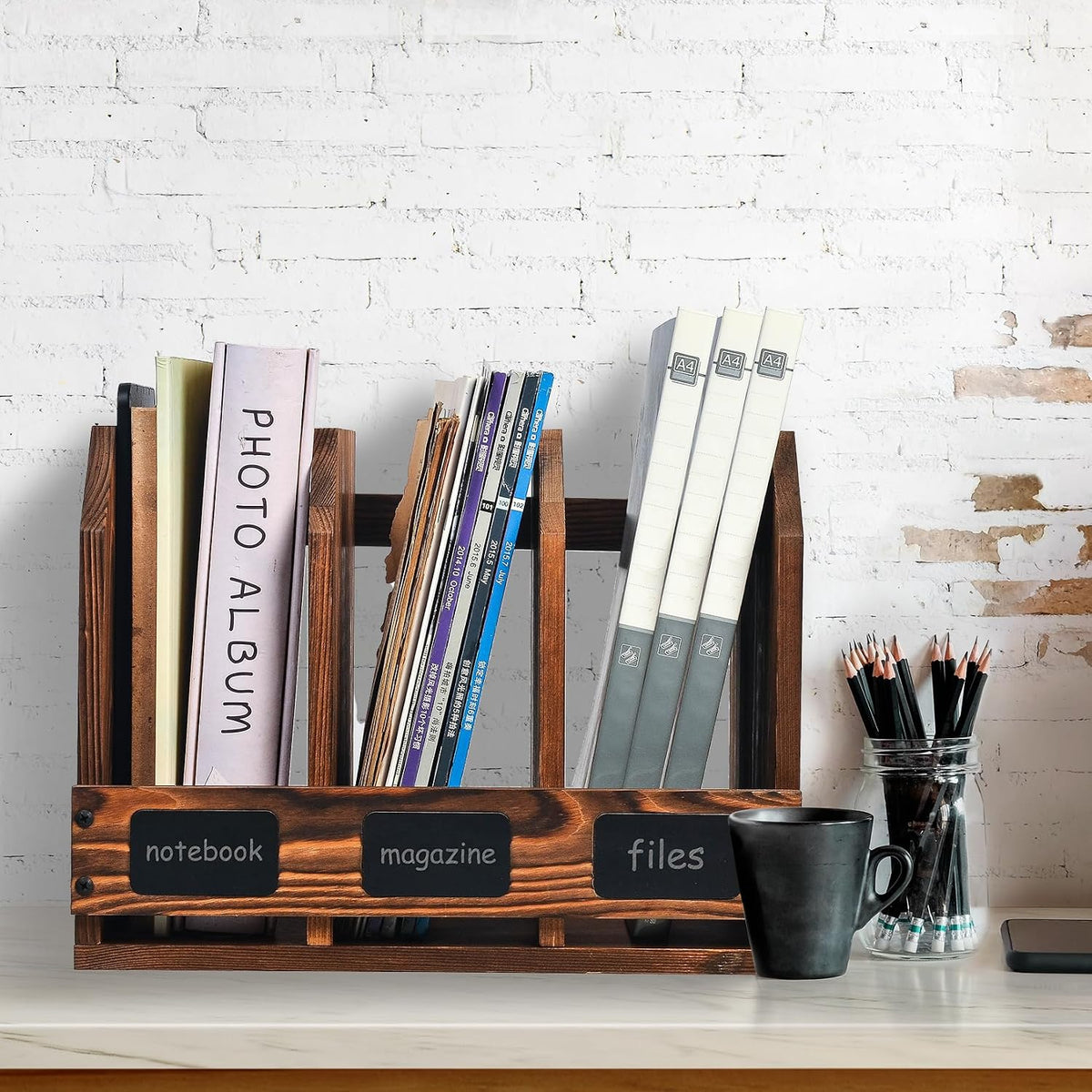 Rustic Torched Brown Wooden Desktop Document Organizer Office Chalkboard Labe...