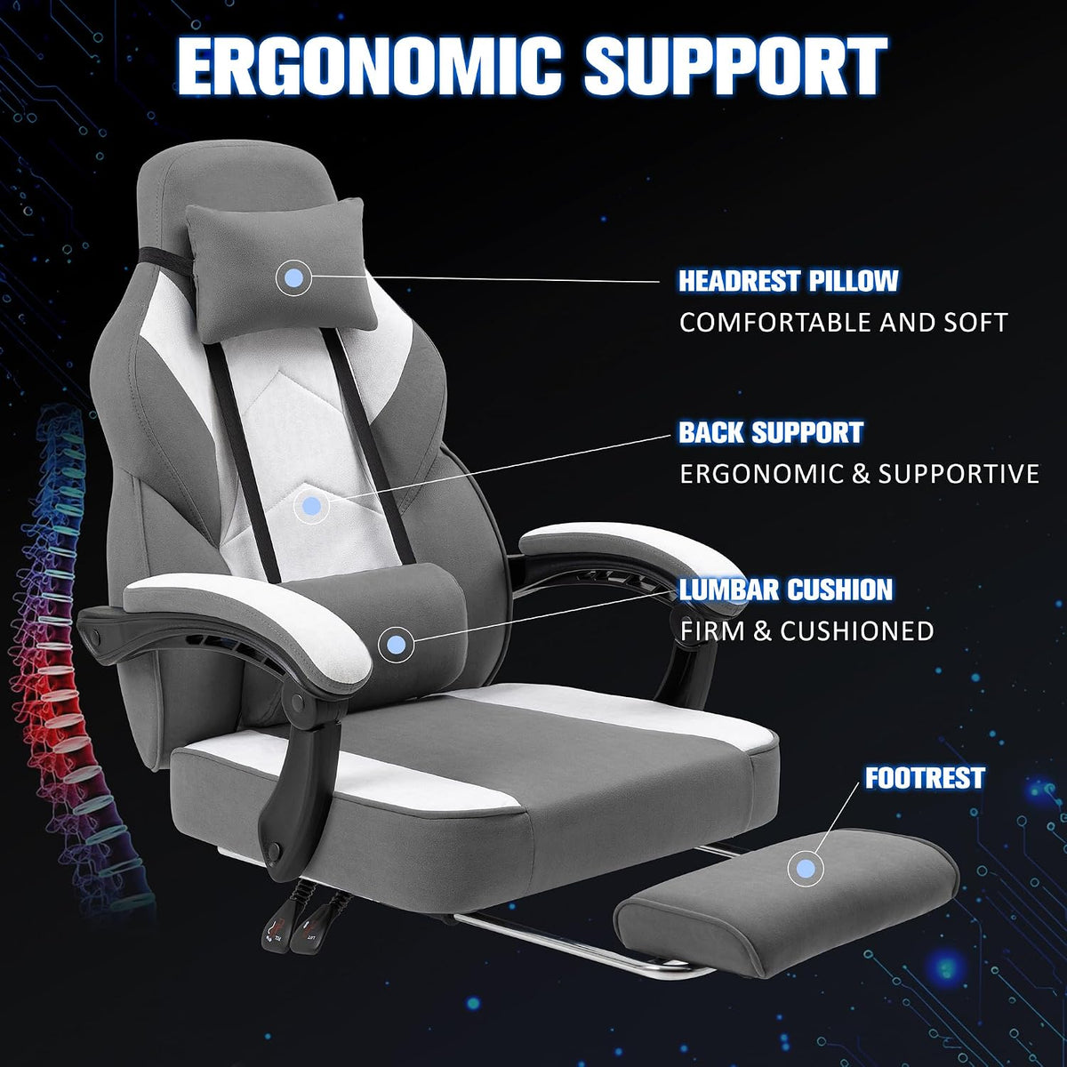 Gaming Chair for Adults with Massage Lumbar Support, Fabric Grey
