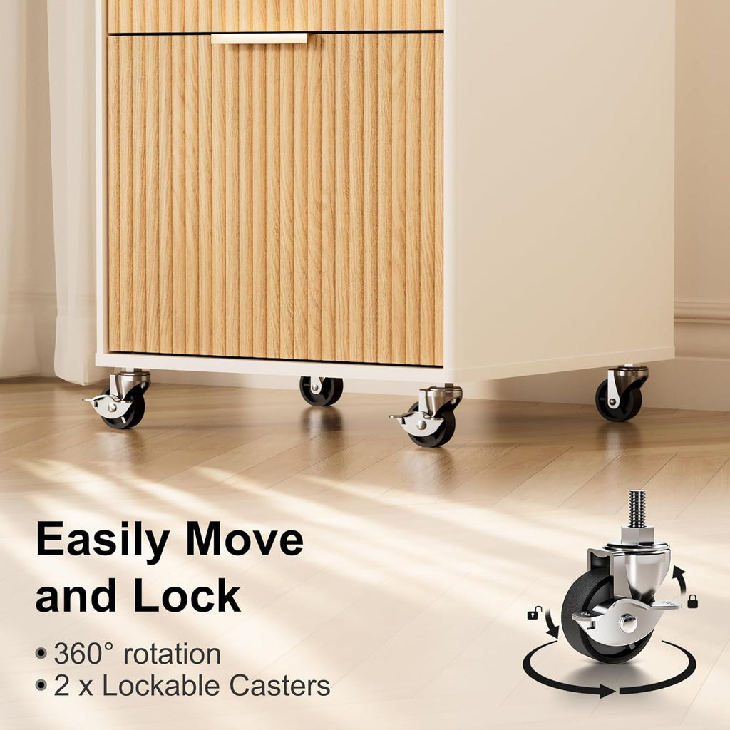 3 drawers fluted mobile file cabinet with lock showing dimensions