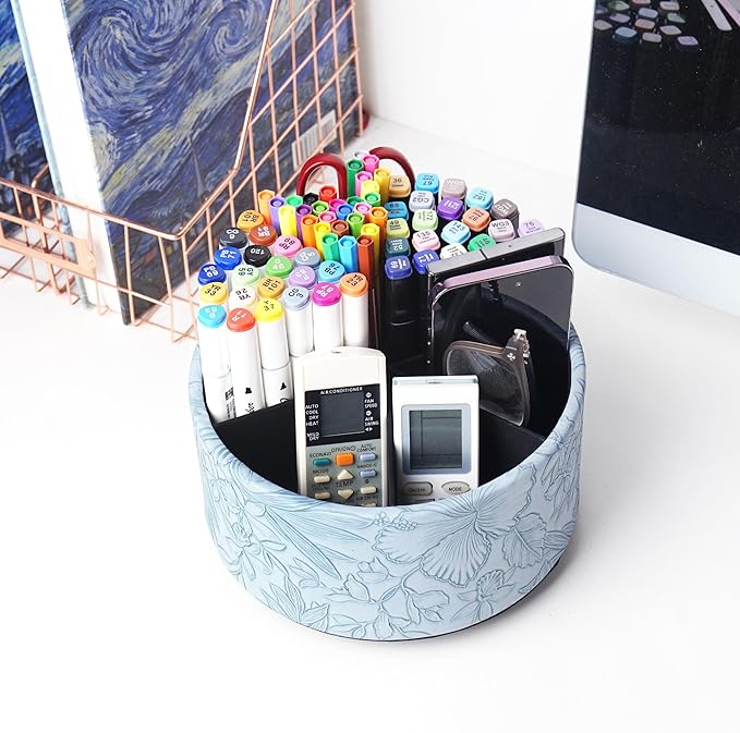 Hennaja Remote Control Holder, 360°Spinning PU Leather Desk TV Remote Caddy - Image 6
