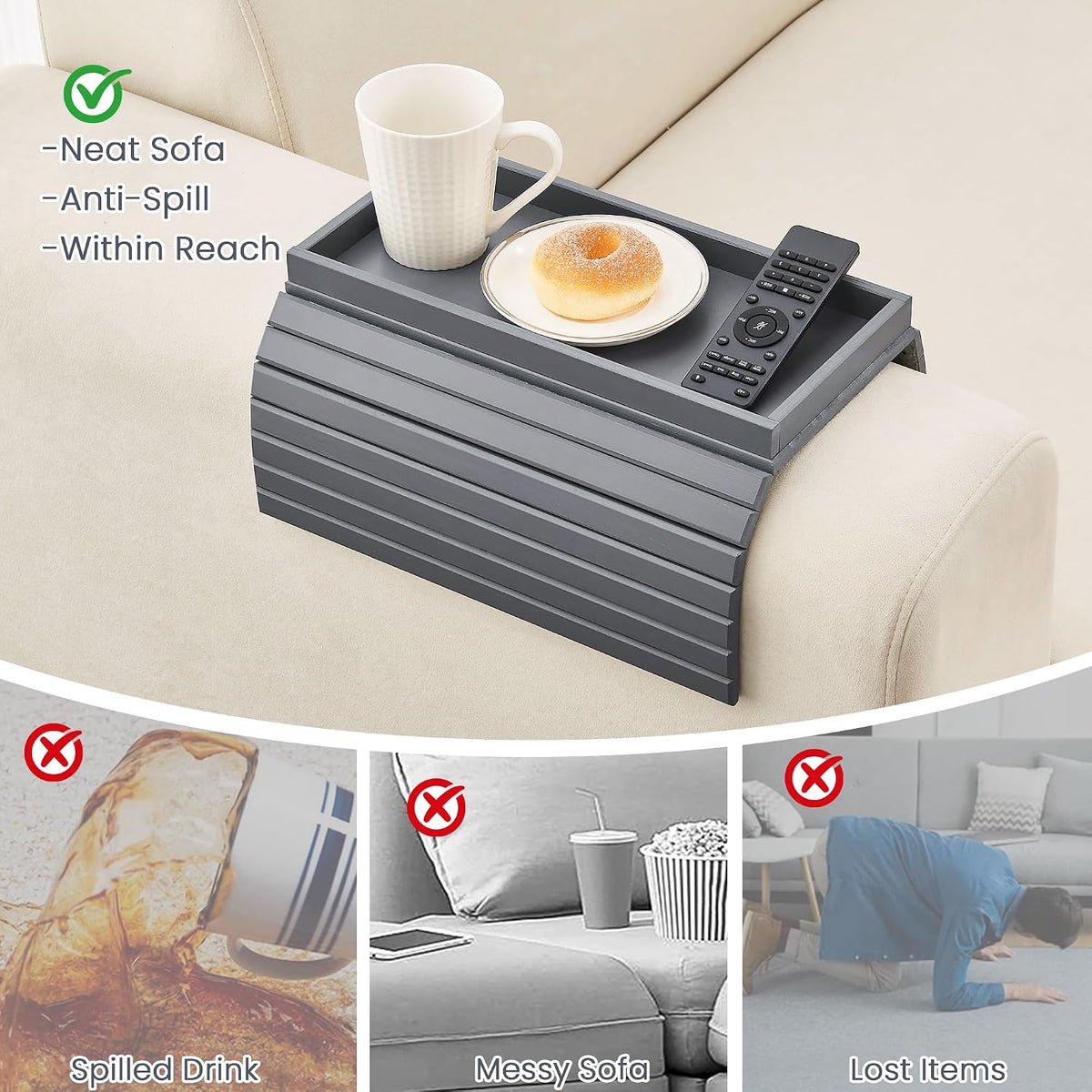 GEHE Bamboo Sofa Arm Tray, Foldable Couch Arm Tray Side Table, Anti-Falling A...