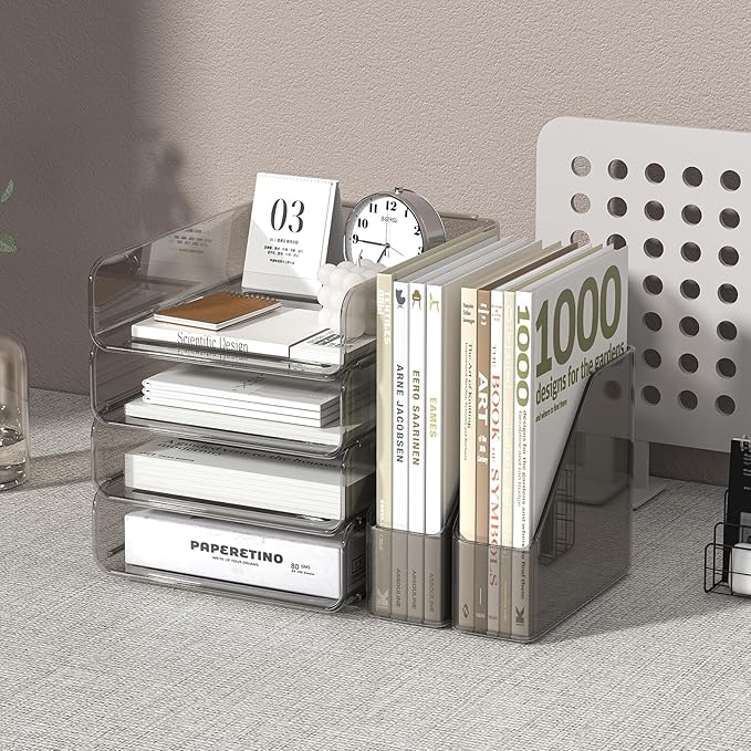 Clear Paper Organizer with Movable Bookends, 4-Tier Letter Tray Organizer - Image 5
