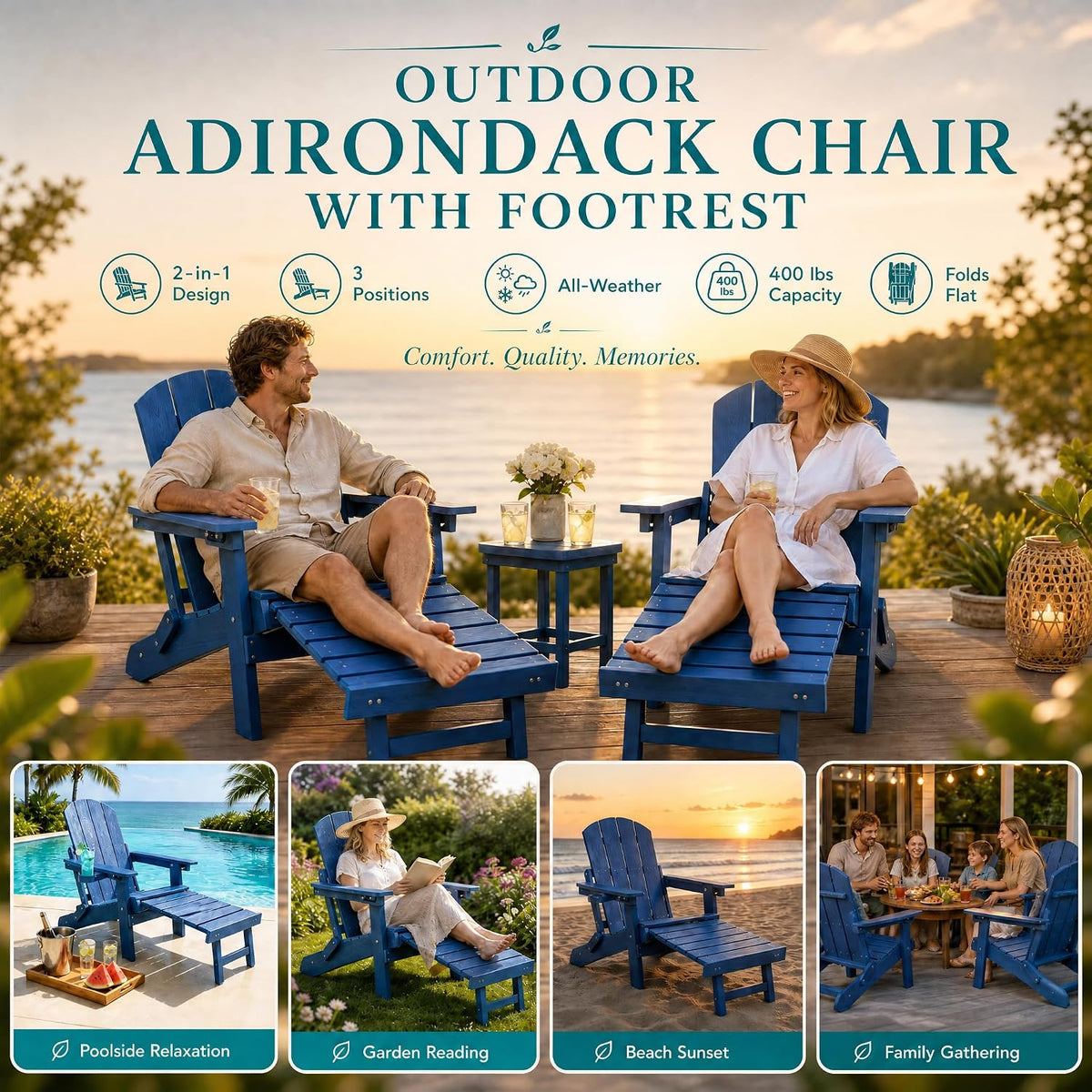 Folding Adjustable Adirondack Chair with Footrest, All-Weather HDPE Plastic C...