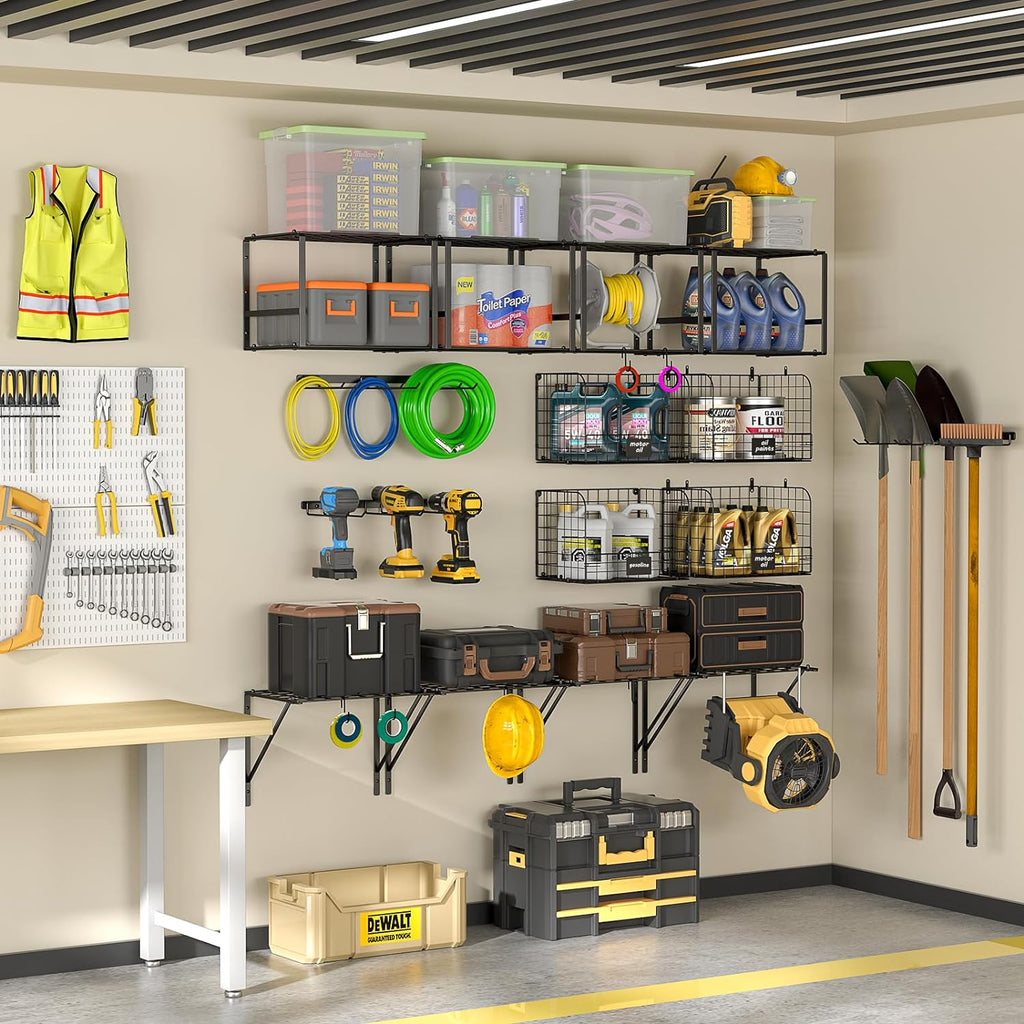 threehio garage shelf wall mounted with wire baskets showing dimensions