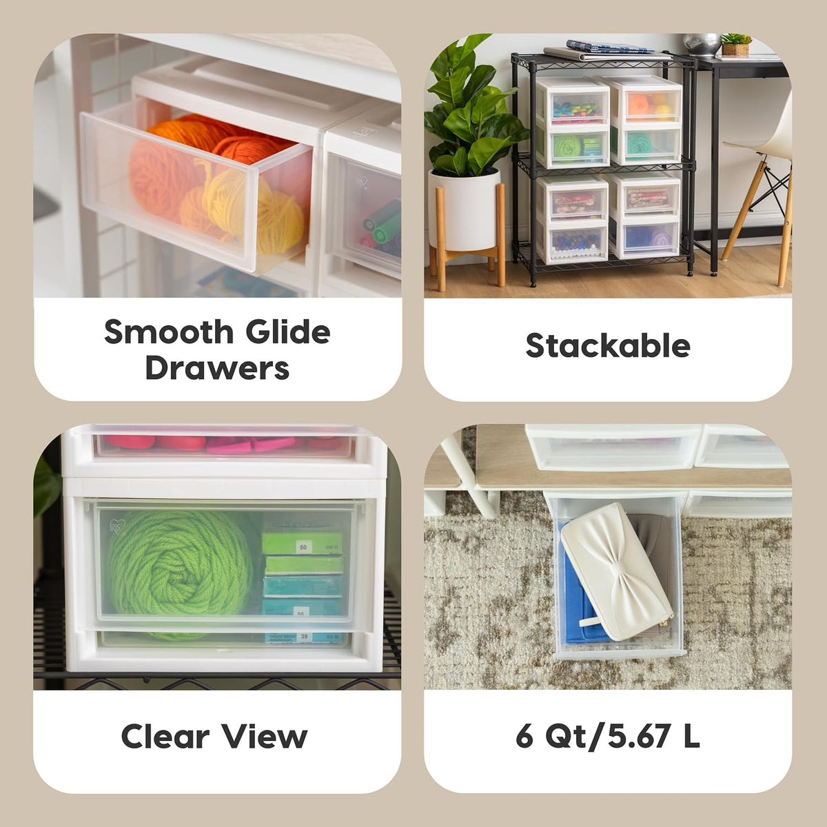 IRIS USA 4-Pack, 6 Qt. Small Stacking Drawer Storage Organizer, White