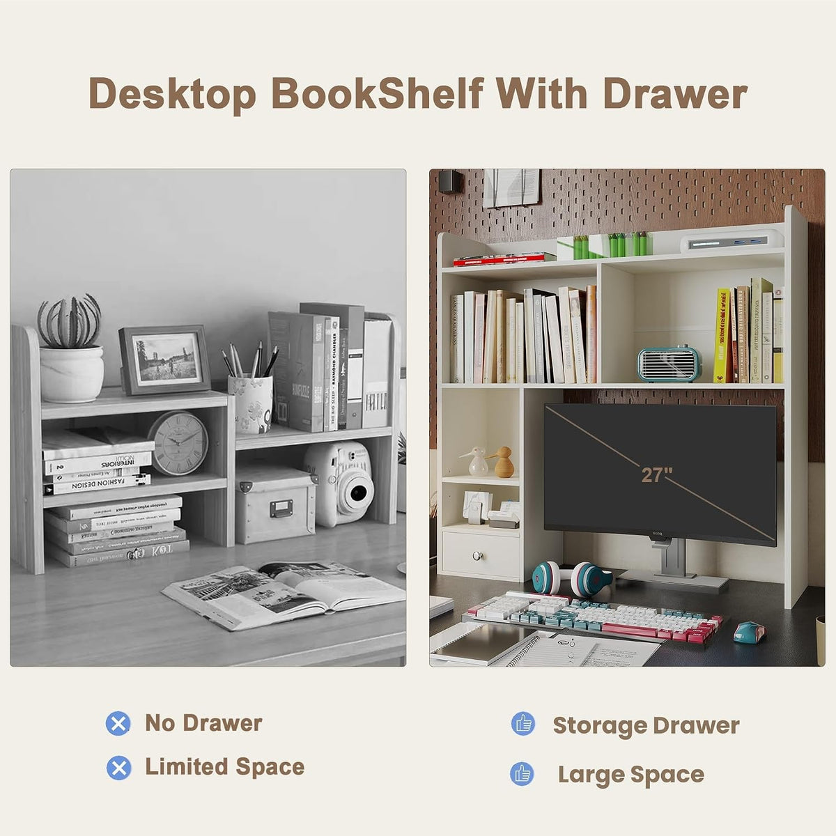 ChooChoo Desktop Bookshelf, 36.4" DormDesk Hutch with 5 Shelves