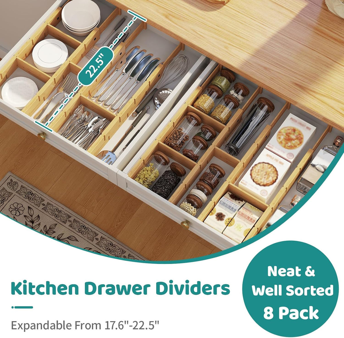 8 Pack Kitchen Drawer Dividers with Inserts, Bamboo Adjustable Drawer Organiz...