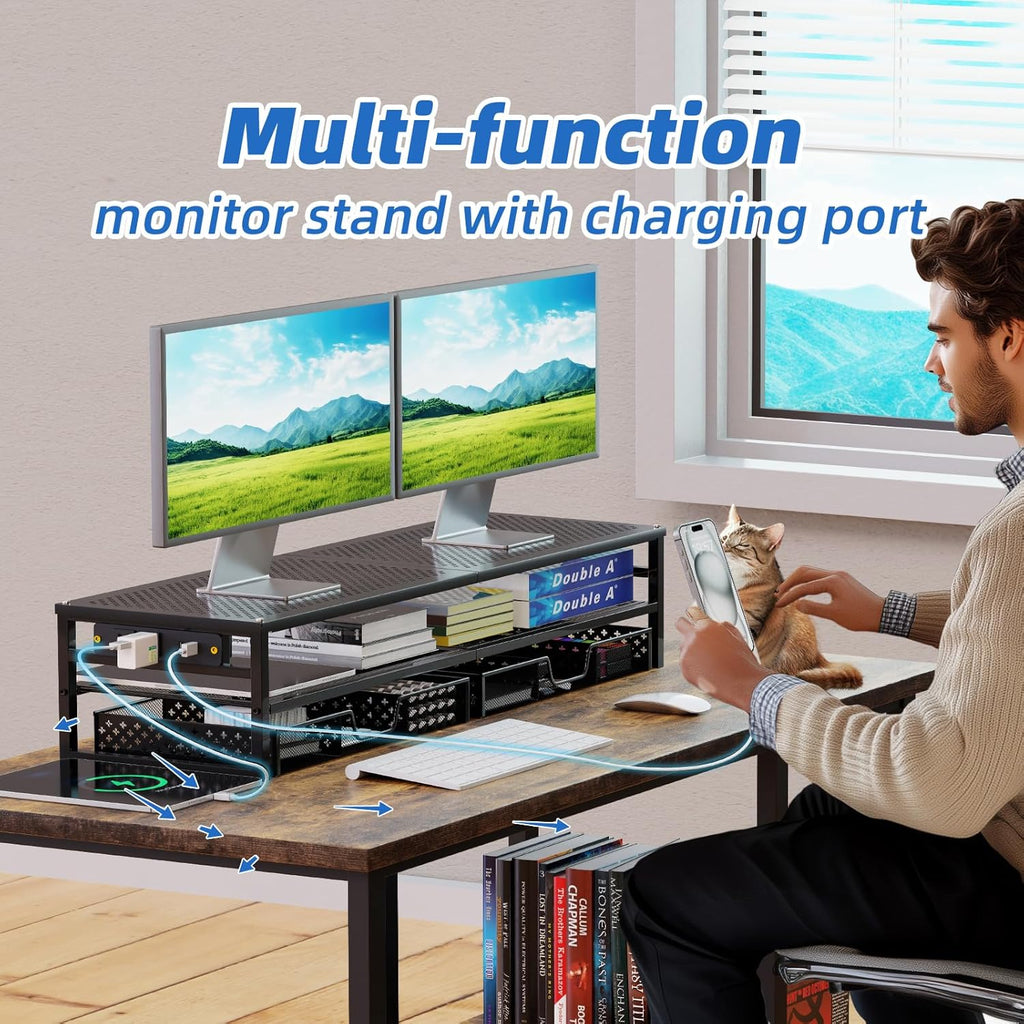 simple trending 2-tier metal dual monitor stand with on a desk or shelf