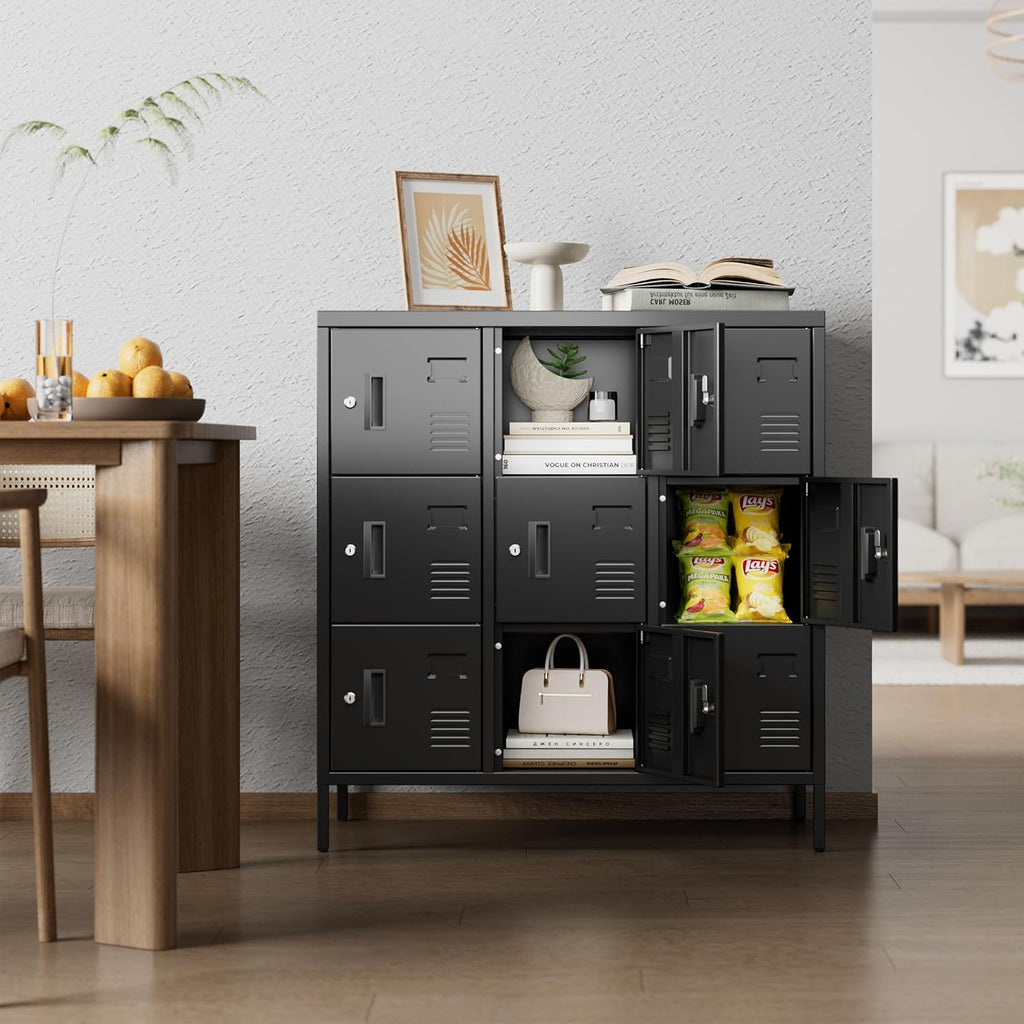 9-Door Metal Employee Locker with Keyed Locks and Raised Feet | 9 keyed compartments with name-card slots, ventilation and raised feet; 35.51"W x 15.79"D x 37.8"H. Assembly required.