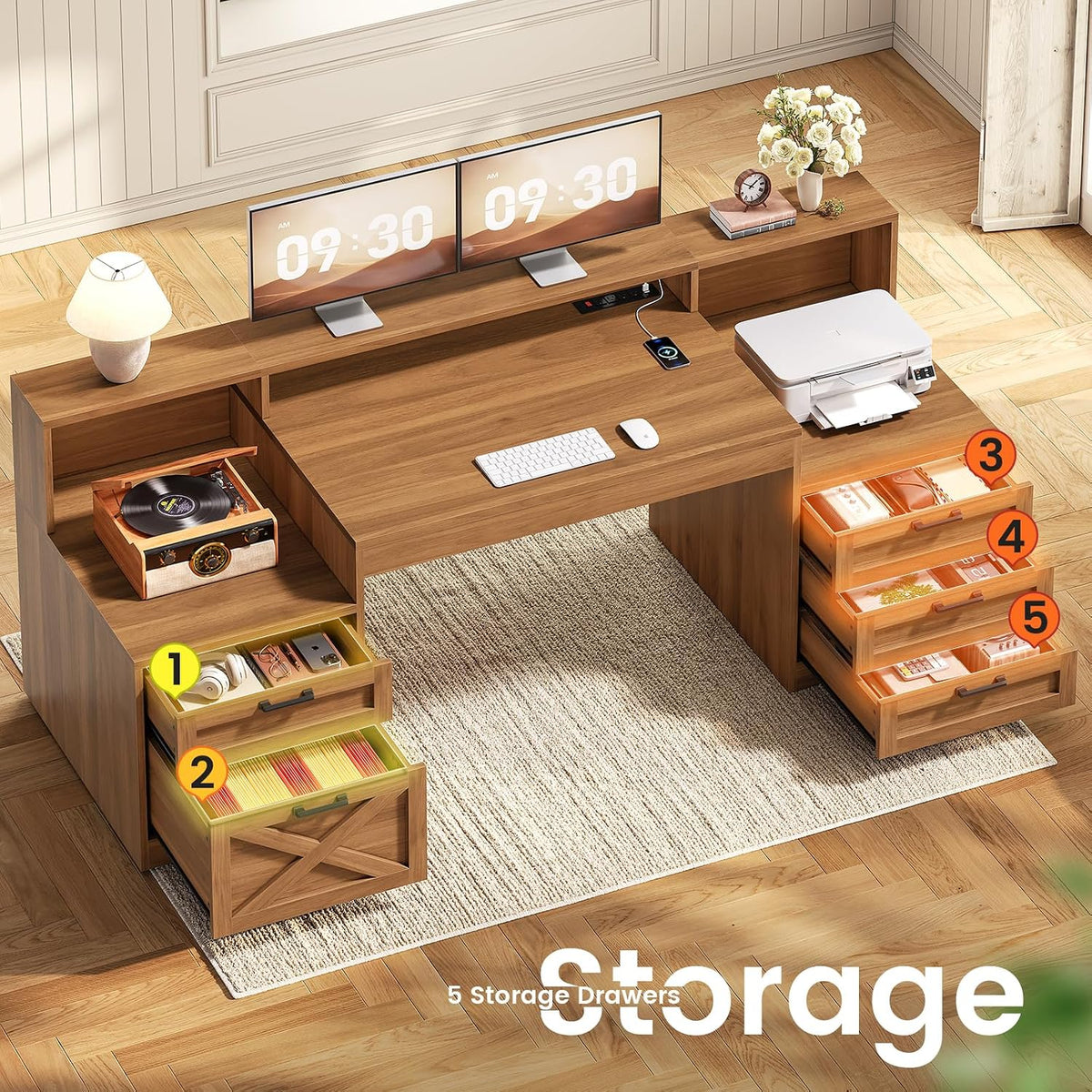 SEDETA 63" Farmhouse Computer Desk with 5 Drawers, Brown