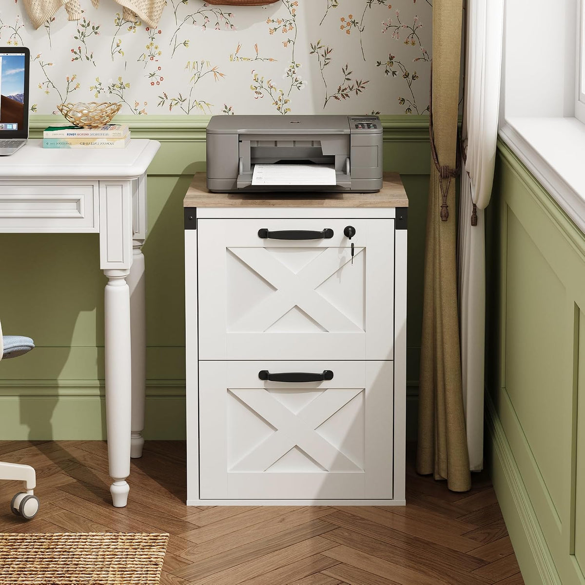 devaise 2-drawer file cabinet with lock, wood office shown in use
