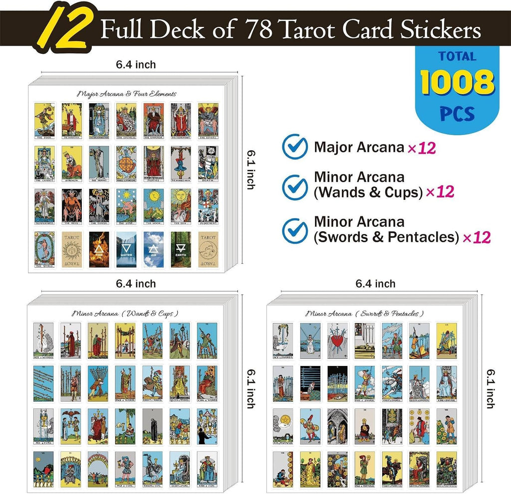 Joyppy Mini Tarot Stickers for Journaling – 1008 PCS Rider Waite Tarot Card Sticker Set,1.25" x 0.78", Waterproof Glossy Vinyl for Planner, Scrapbooking & DIY Crafts, Includes 4 Cheat Sheets