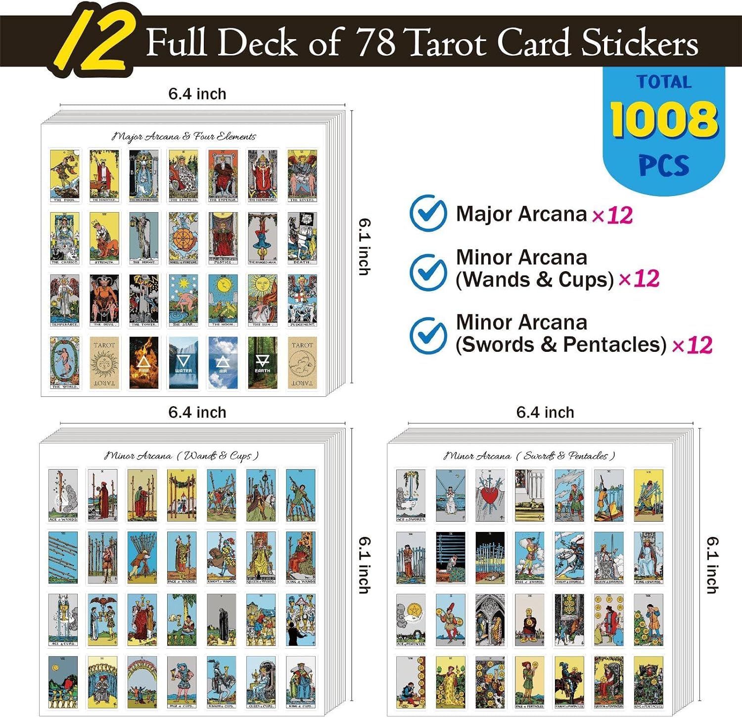 Joyppy Mini Tarot Stickers for Journaling – 1008 PCS Rider Waite Tarot Card Sticker Set,1.25" x 0.78", Waterproof Glossy Vinyl for Planner, Scrapbooking & DIY Crafts, Includes 4 Cheat Sheets