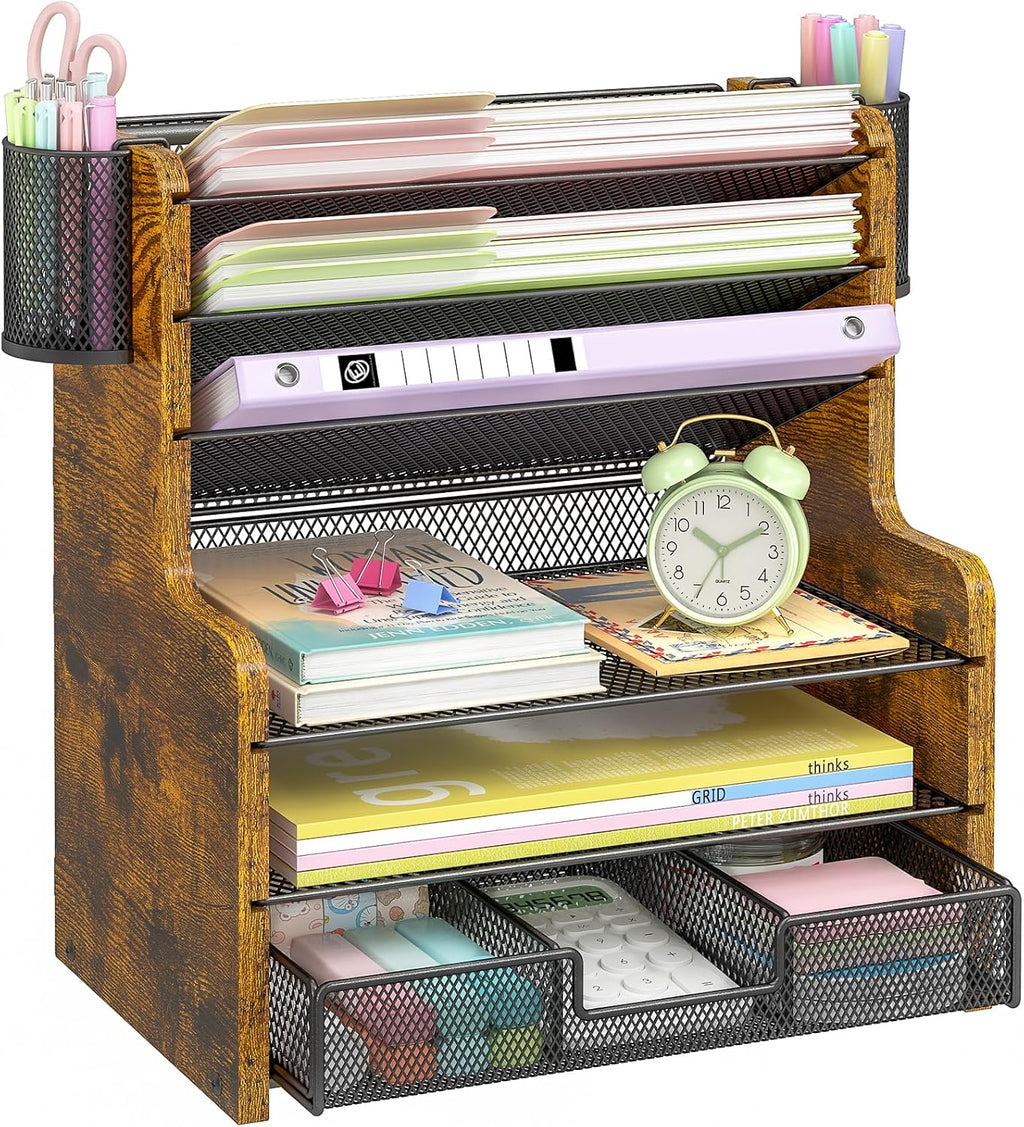 daoutime 6-tier mesh desk organizer with drawer, wooden, main product view