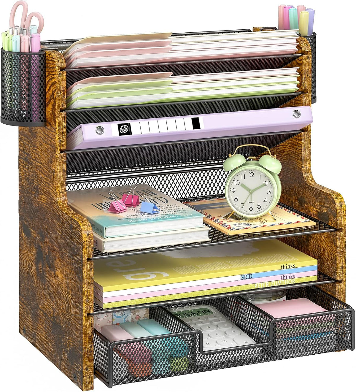 daoutime 6-tier mesh desk organizer with drawer, wooden, main product view