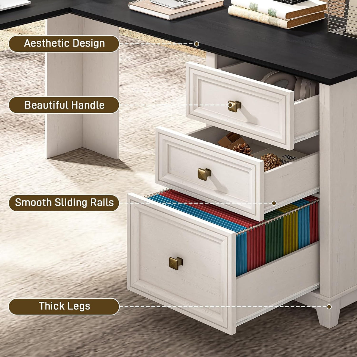 59'' Farmhouse L Shaped Desk with 6 Drawers, Large Rustic L Shaped Ex...