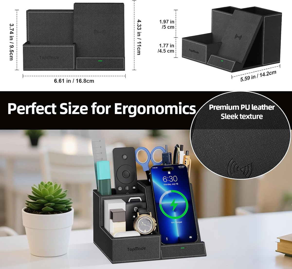 Wireless Charger with Desk Organizer, Multifunctional Desk Pen Holder