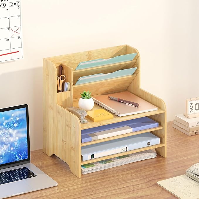 Wisuce Essentials Bamboo Desk Organizer Mail Holder Countertop Letter Tray File - Image 3
