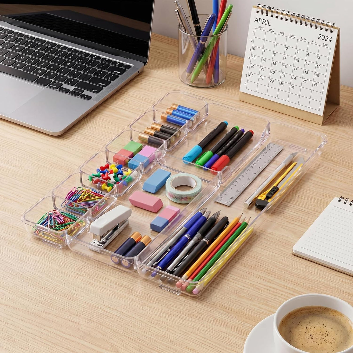 Junkin 4 Pcs Desk Drawer Organizer Tray 14" x 9" x 1",Clear