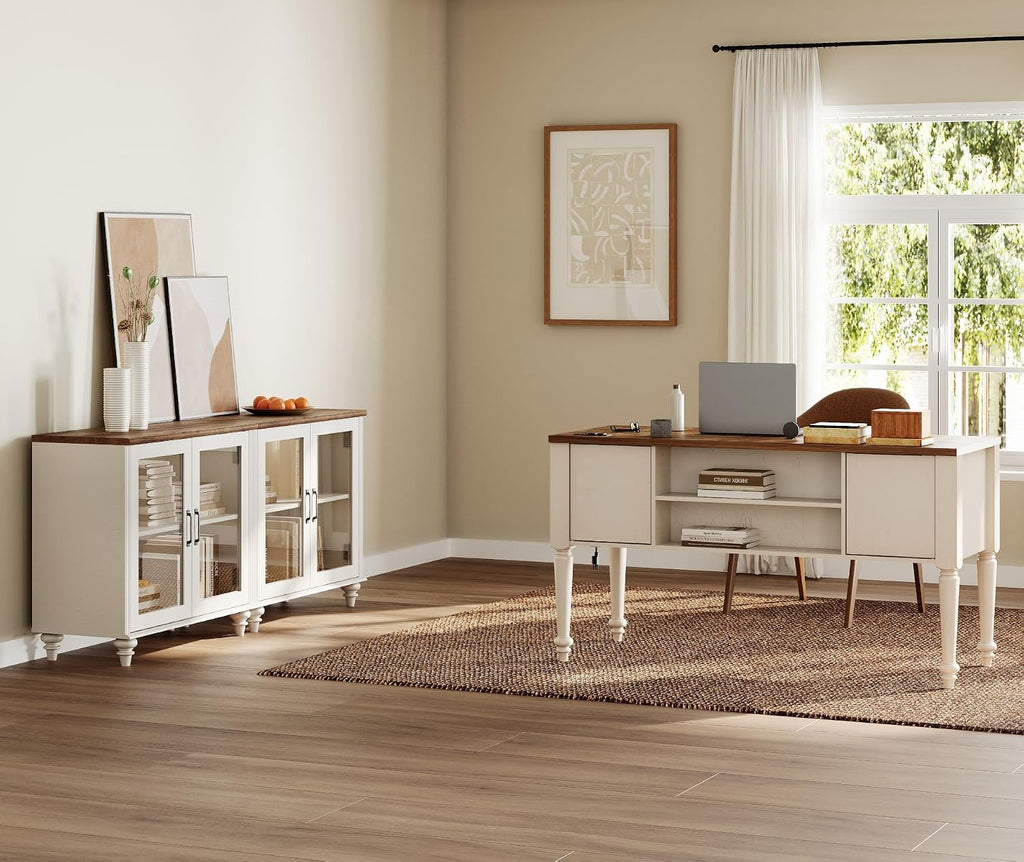 WAMPAT Home Office Furniture Set, 56" Executive Desk with Charging Station, 2-in-1 Cabinet with Glass Doors, Wood Computer Desk with File Cabinet Storage, Open Shelf, White