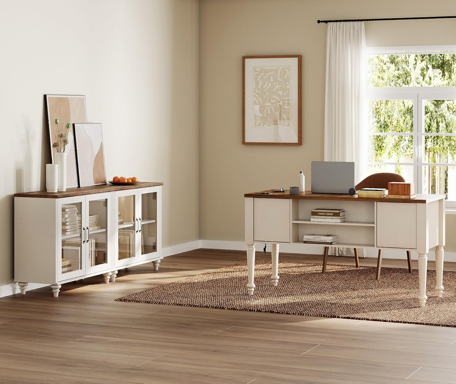 WAMPAT Home Office Furniture Set, 56" Executive Desk with Charging Station, 2-in-1 Cabinet with Glass Doors, Wood Computer Desk with File Cabinet Storage, Open Shelf, White