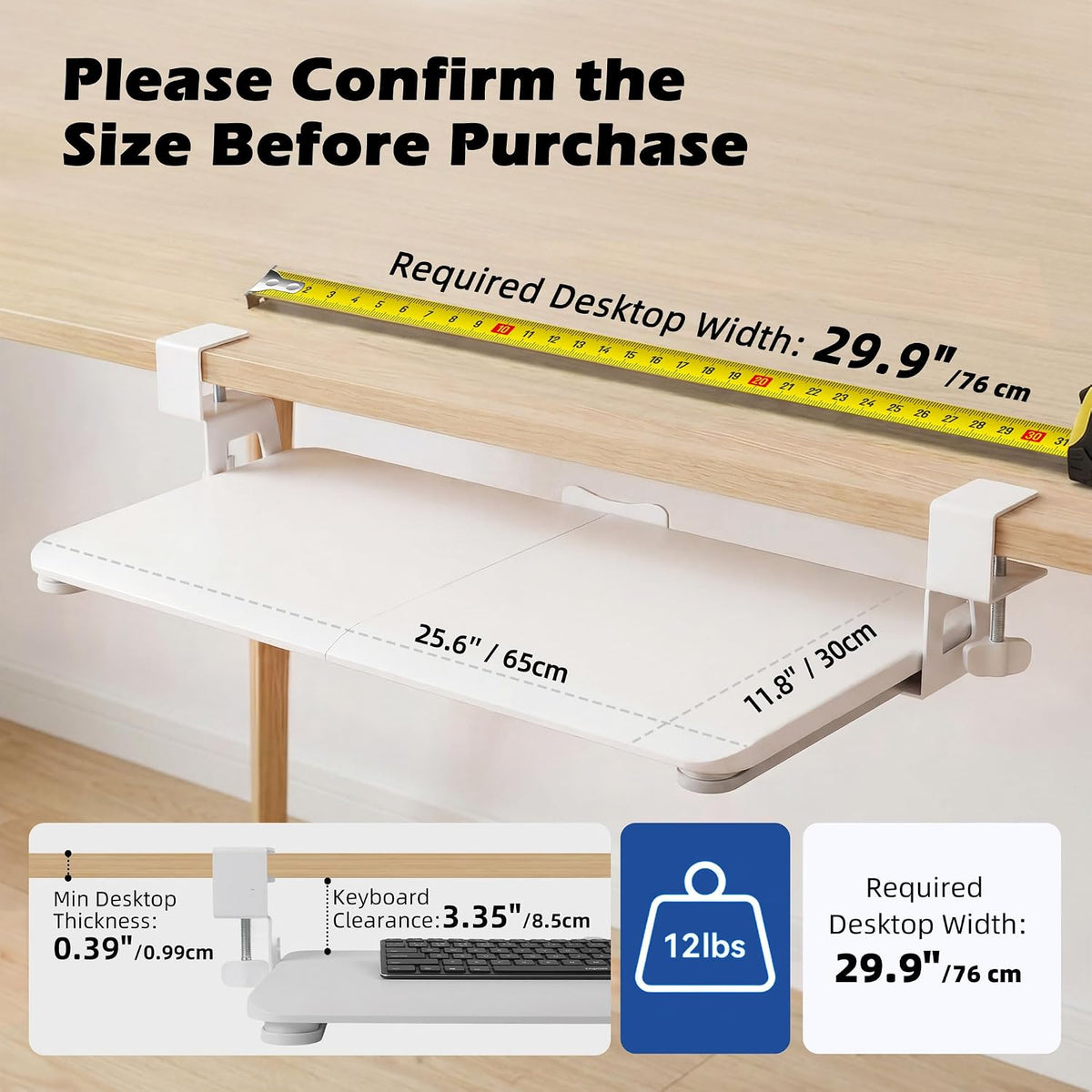 Under‑Desk Clamp Keyboard Tray, 26.77" Slide‑Out Tray,White