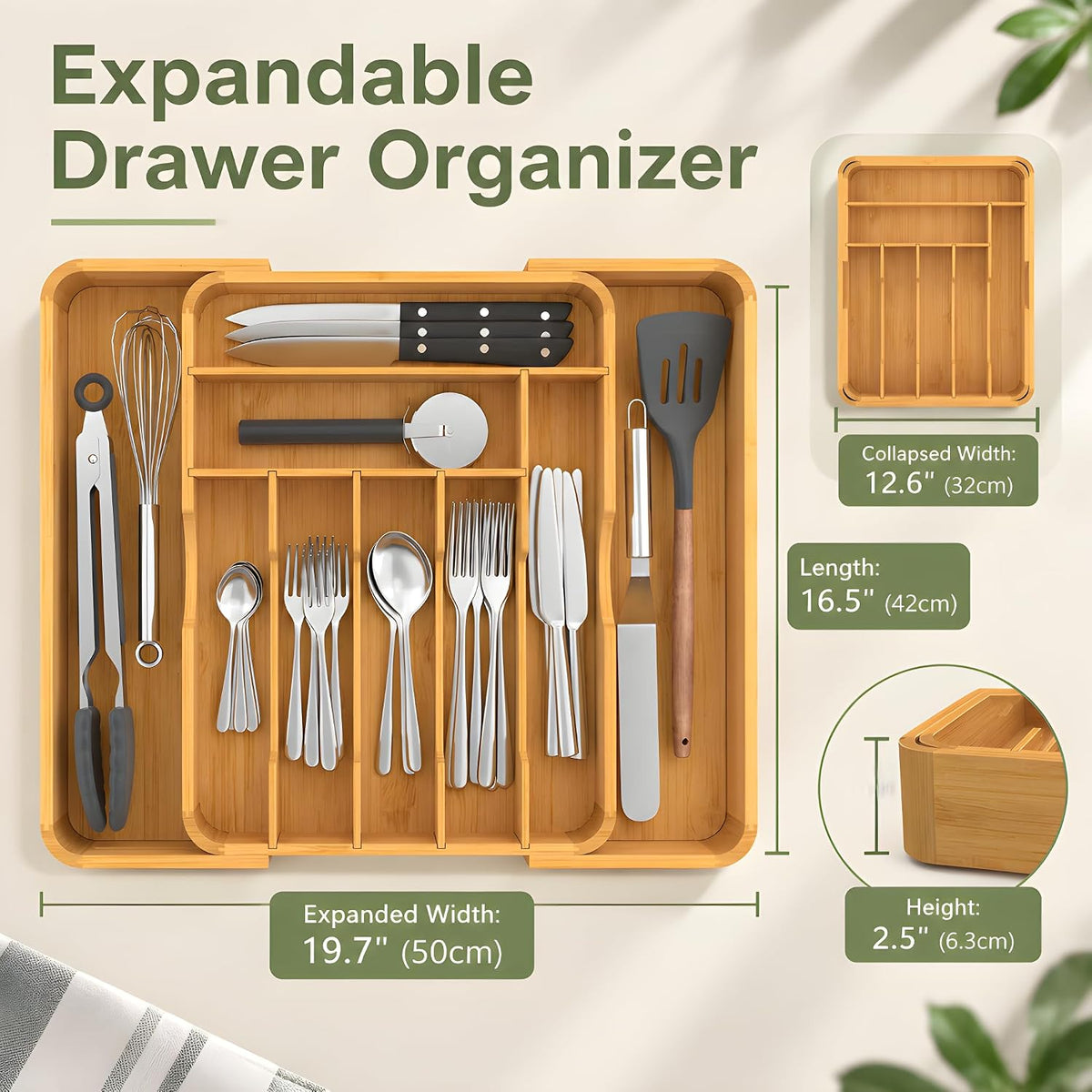 Suli Extra Large Silverware Drawer Organizer,Expand 12.6in to 19.7in,Bamboo