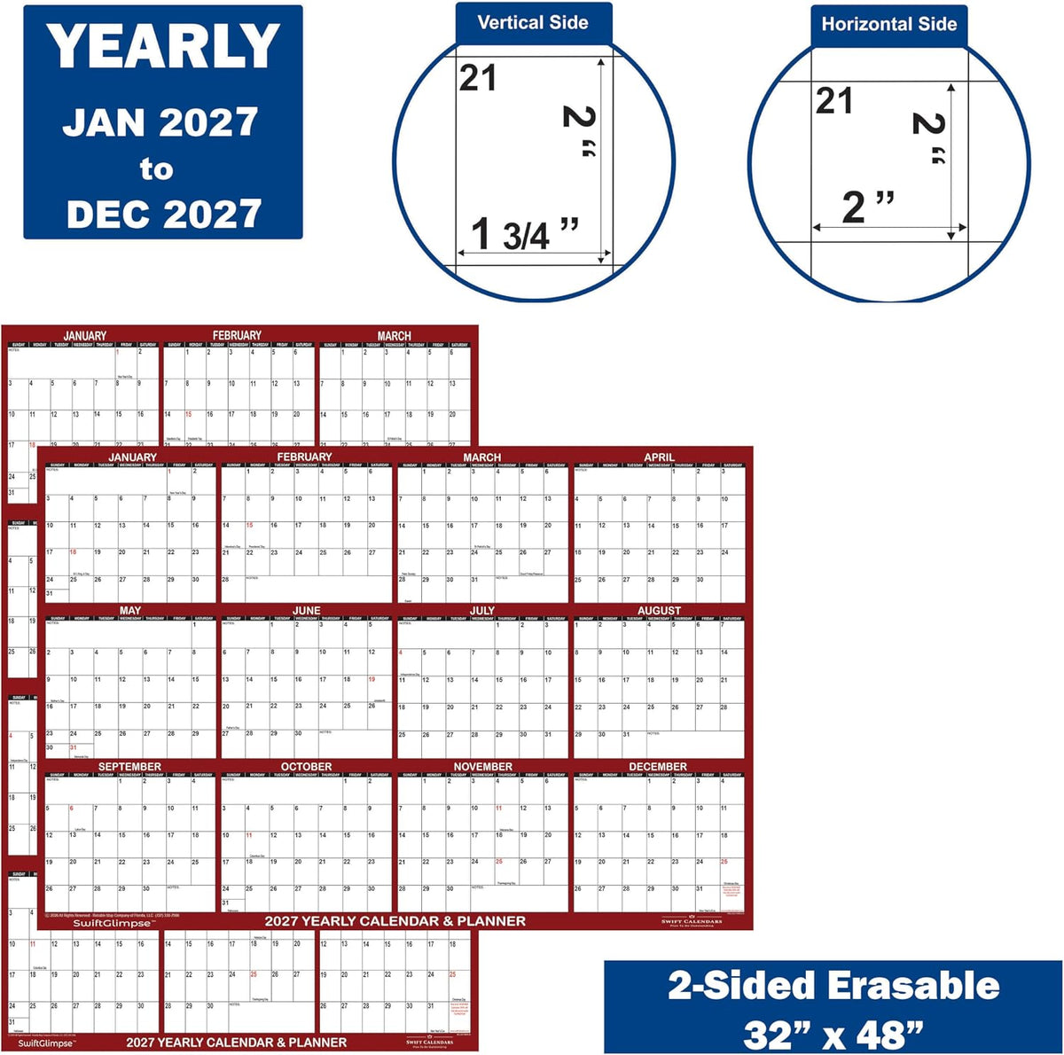 32" x 48" SwiftGlimpse 2027 Wall Calendar Erasable Large Wet & ...