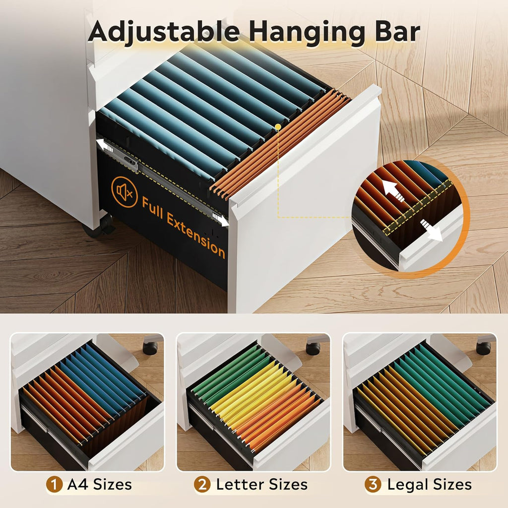 devaise 3 drawer mobile file cabinet, fully assembled showing dimensions