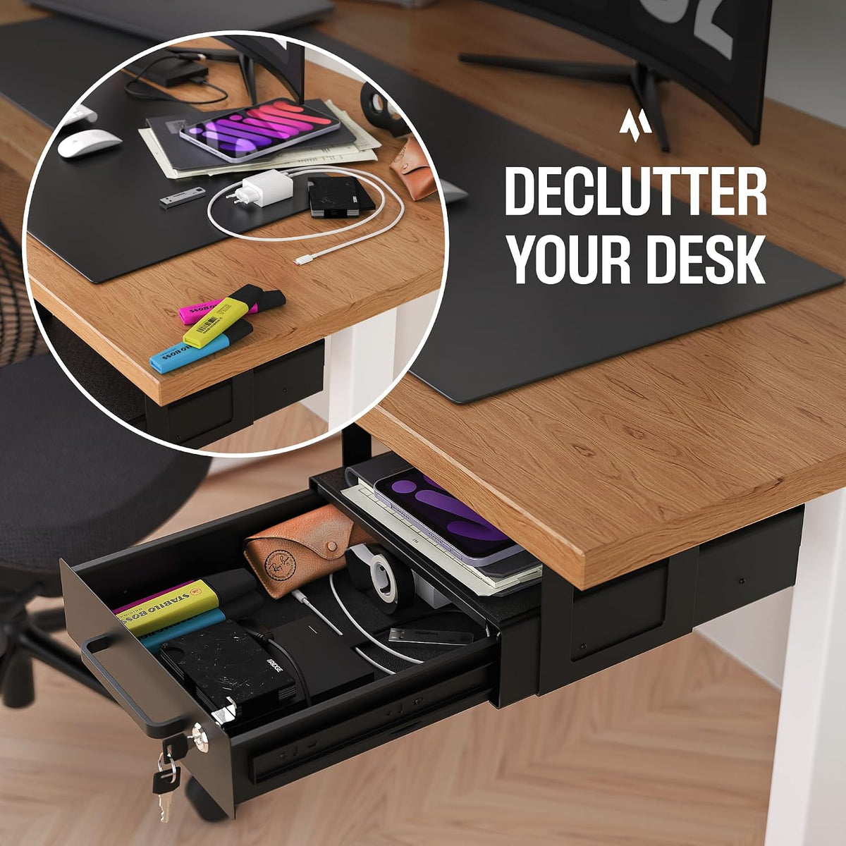 Under Desk Drawer Slide-Out – Lockable Metal Storage Drawers with Cable Manag...