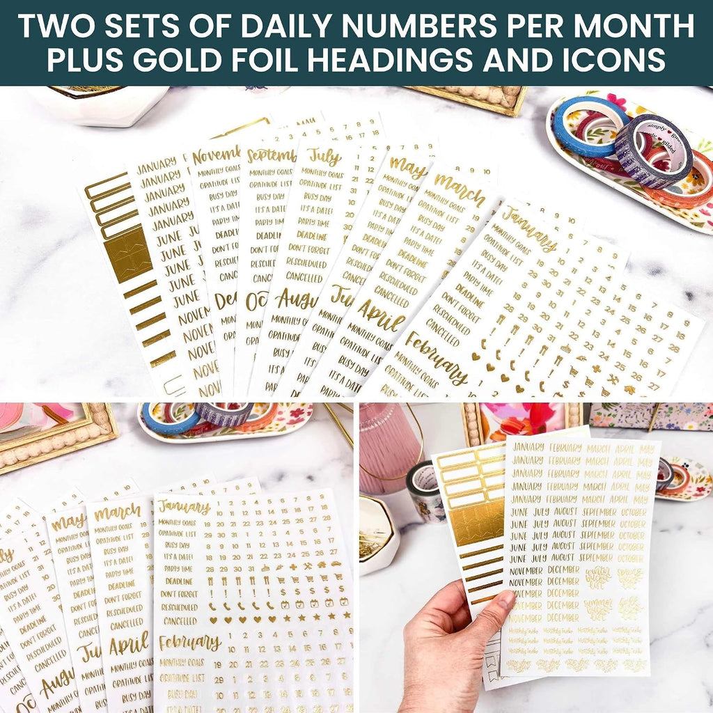 bloom daily planners Metallic Calendar Essentials Planner Stickers - 8 Sheets, 1629 Stickers Per Pack! - Aesthetic Monthly Headings, Dates, Icons, Etc. - Gold Foil
