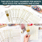 bloom daily planners Metallic Calendar Essentials Planner Stickers - 8 Sheets, 1629 Stickers Per Pack! - Aesthetic Monthly Headings, Dates, Icons, Etc. - Gold Foil