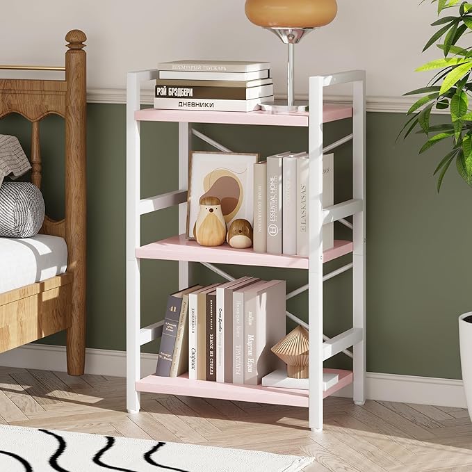 Homeiju Pink Bookshelf, 3 Tier Industrial Bookcase, Metal Small Bookcase - Image 4