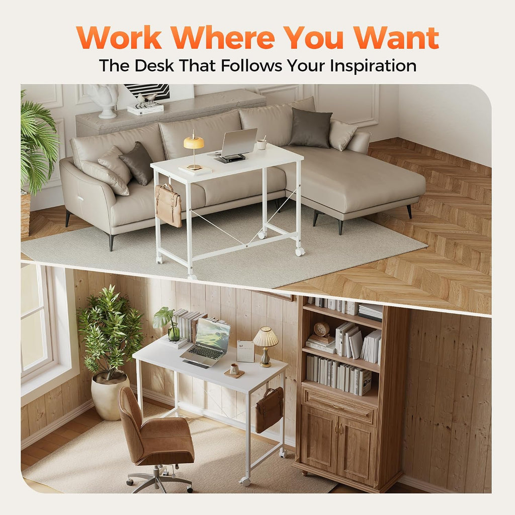 39x20 Inch Computer Desk with Wheels, Small Simple Rolling Desk | Writing Table for Home Office Bedroom Work Study, White