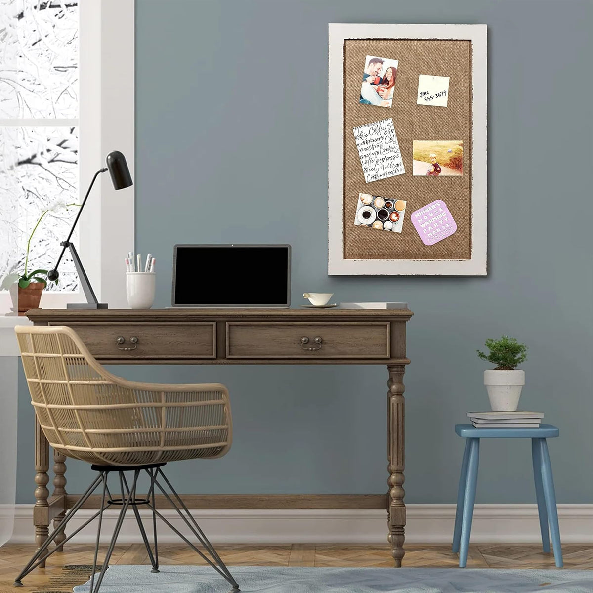 SOFE 18x29 White Linen Bulletin Board, Farmhouse Wood Frame Decor