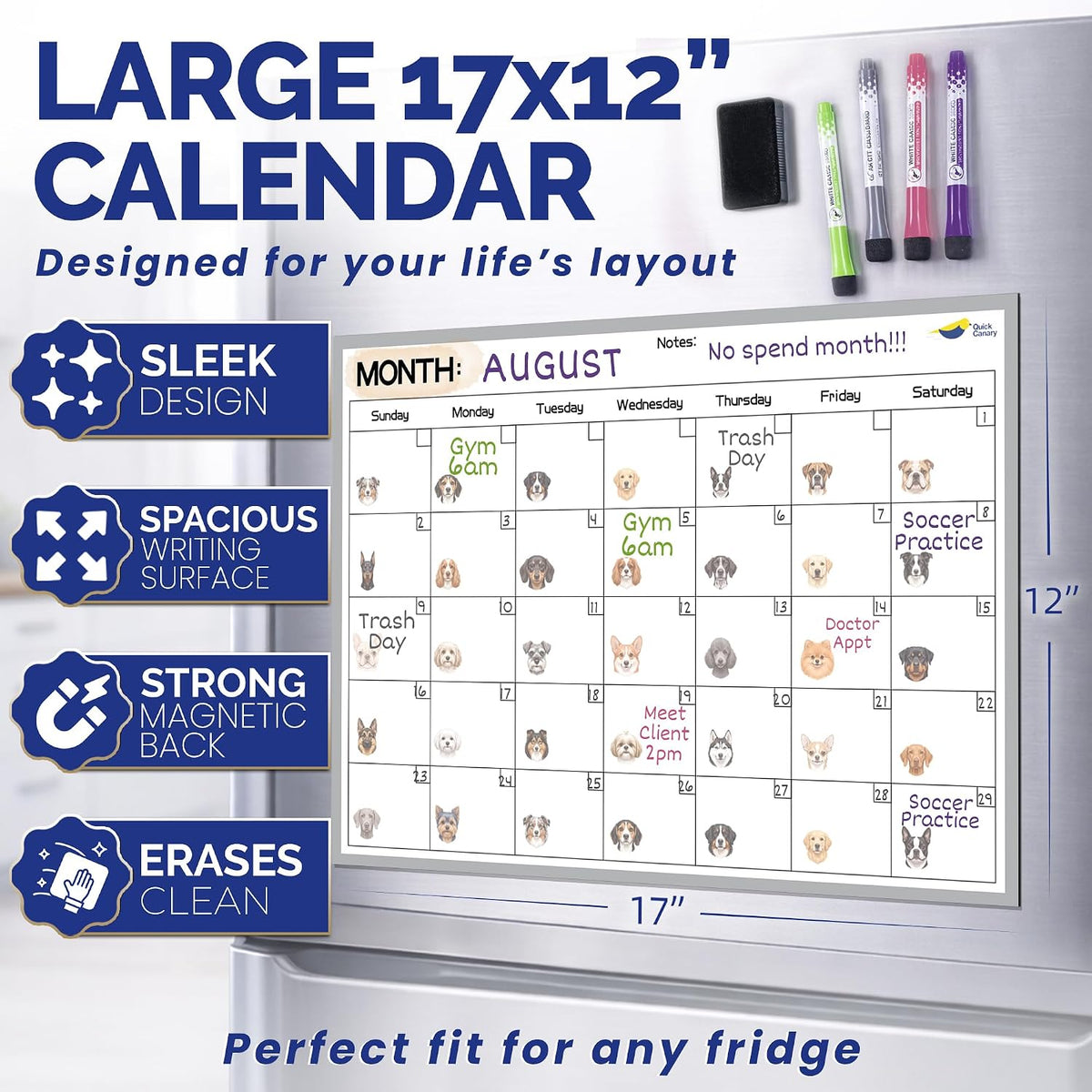 Large Magnetic Puppy Dog Calendar for Fridge, 17x12" Monthly