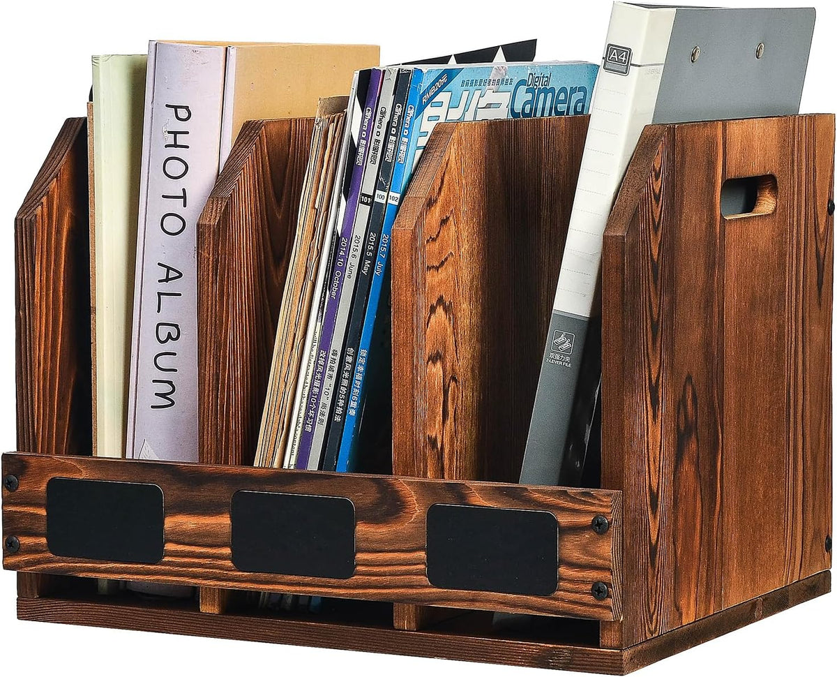 Rustic Torched Brown Wooden Desktop Document Organizer Office Chalkboard Labe...