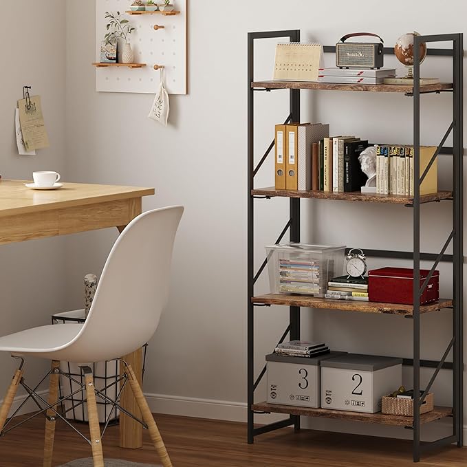 JSB No Assembly Folding Bookshelf, 4 Tier Industrial Metal Book Shelf - Image 4