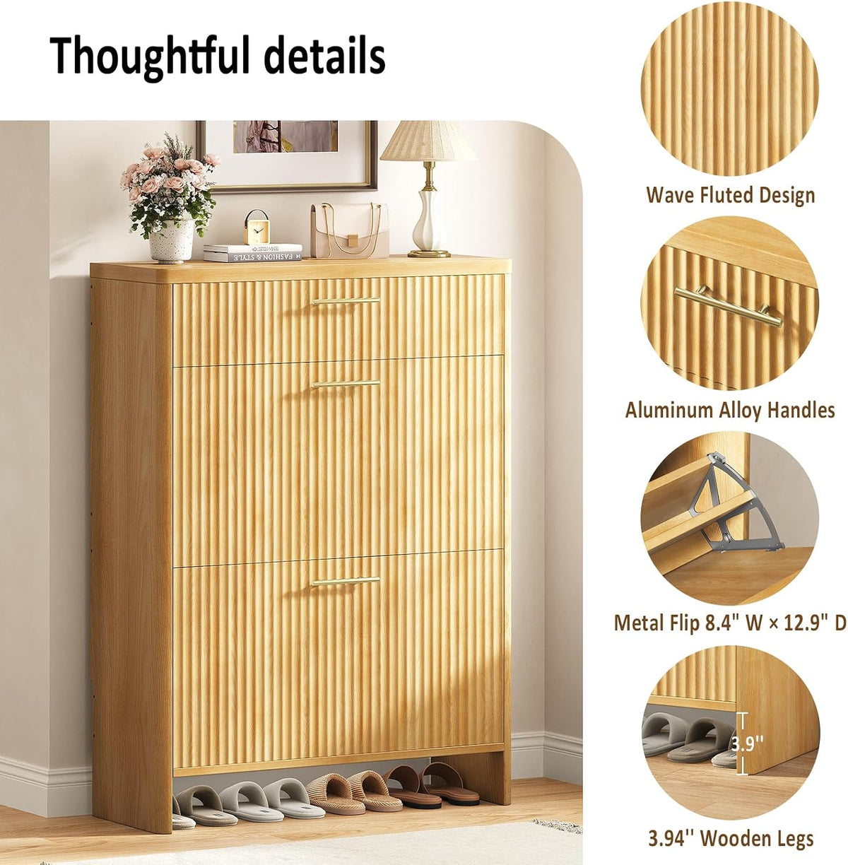Fluted Shoe Storage Cabinet for Entryway, Narrow Wooden Shoe Cabinet with 2 F...